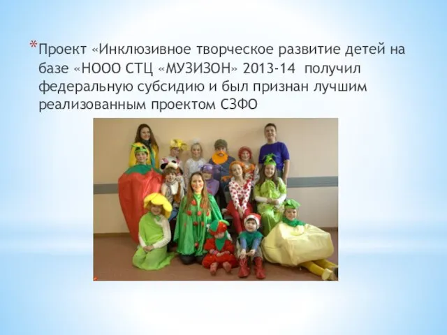 Проект «Инклюзивное творческое развитие детей на базе «НООО СТЦ «МУЗИЗОН» 2013-14 получил