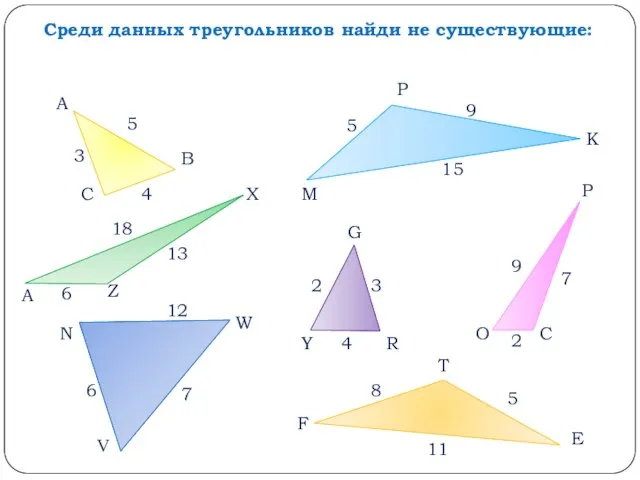 Среди данных треугольников найди не существующие: А В С М Р К