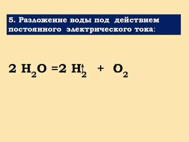 5. Разложение воды под действием постоянного электрического тока: 2 H2O =2 H2 + O2