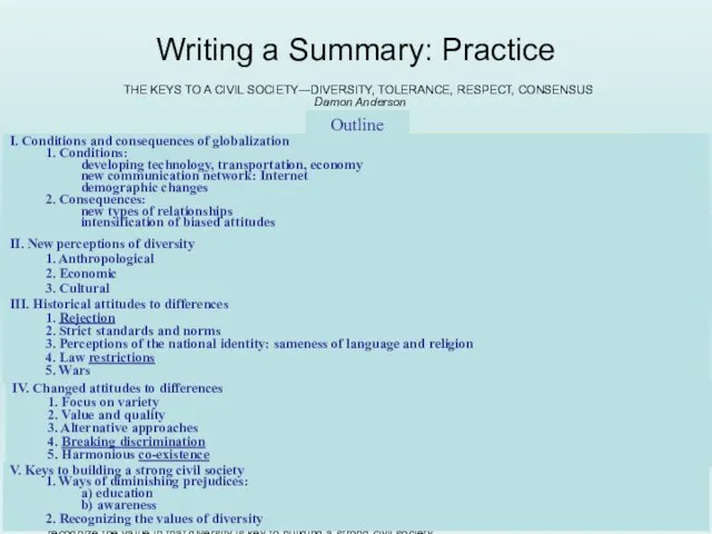 Outline Writing a Summary: Practice THE KEYS TO A CIVIL SOCIETY—DIVERSITY, TOLERANCE,