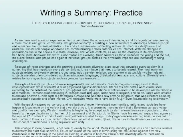 Writing a Summary: Practice THE KEYS TO A CIVIL SOCIETY—DIVERSITY, TOLERANCE, RESPECT,