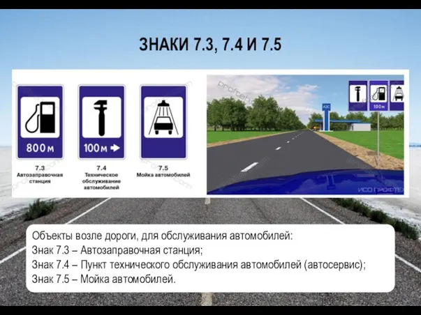 ЗНАКИ 7.3, 7.4 И 7.5 Объекты возле дороги, для обслуживания автомобилей: Знак
