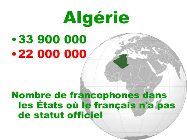 Algérie 33 900 000 22 000 000 Nombre de francophones dans les