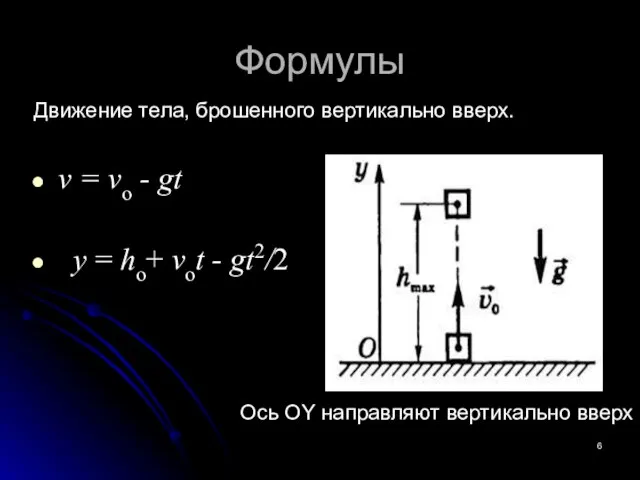 Формулы Движение тела, брошенного вертикально вверх. v = vо - gt y