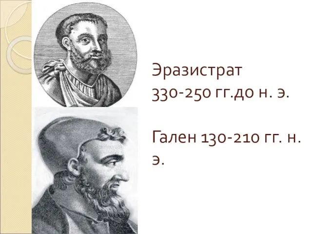 Эразистрат 330-250 гг.до н. э. Гален 130-210 гг. н.э.