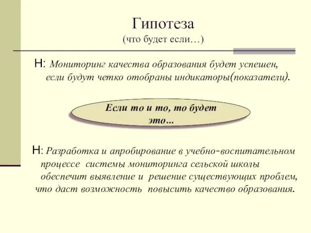 Гипотеза (что будет если…) Н: Мониторинг качества образования будет успешен, если будут