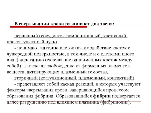 В свертывании крови различают два звена: первичный (сосудисто-тромбоцитарный, клеточный, прокоагулянтный путь) -