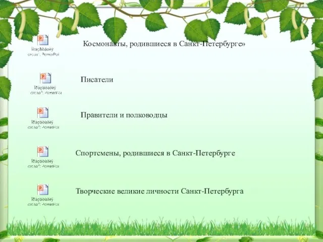 Космонавты, родившиеся в Санкт-Петербурге» Писатели Правители и полководцы Спортсмены, родившиеся в Санкт-Петербурге Творческие великие личности Санкт-Петербурга