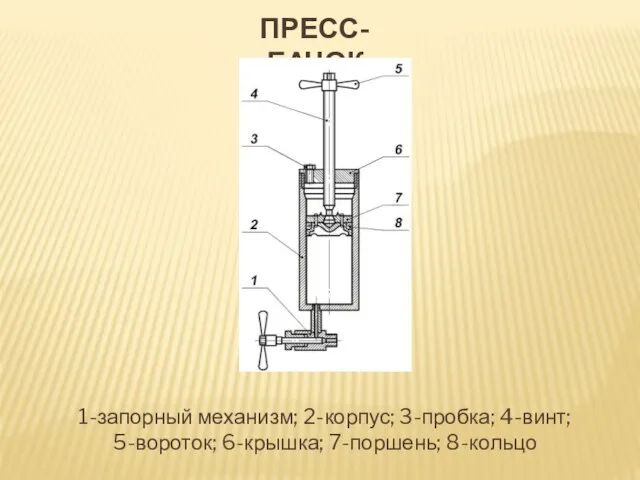 ПРЕСС-БАЧОК 1-запорный механизм; 2-корпус; 3-пробка; 4-винт; 5-вороток; 6-крышка; 7-поршень; 8-кольцо