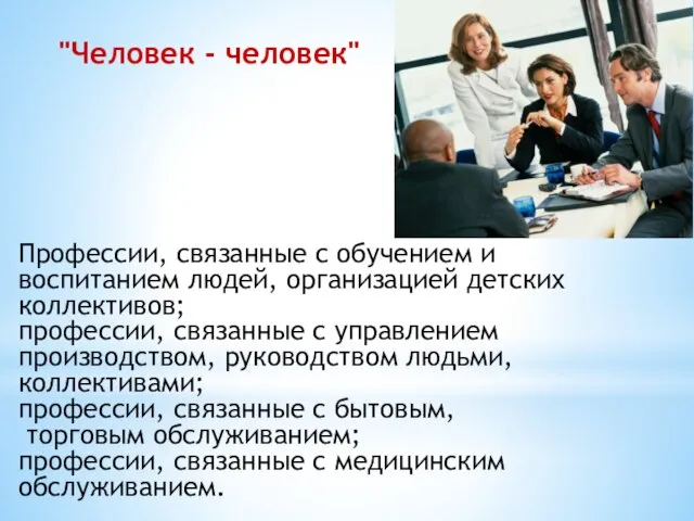 "Человек - человек" Профессии, связанные с обучением и воспитанием людей, организацией детских