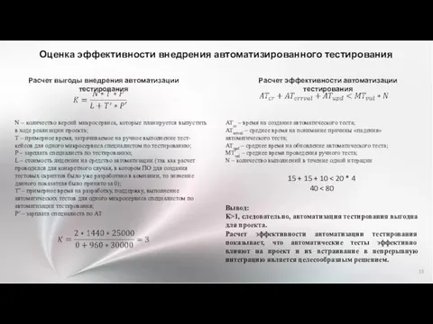 Оценка эффективности внедрения автоматизированного тестирования Расчет выгоды внедрения автоматизации тестирования N –