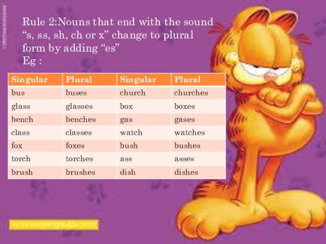 Rule 2:Nouns that end with the sound “s, ss, sh, ch or