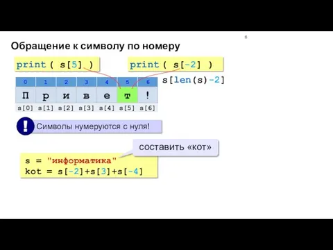 Обращение к символу по номеру print ( s[5] ) print ( s[-2]