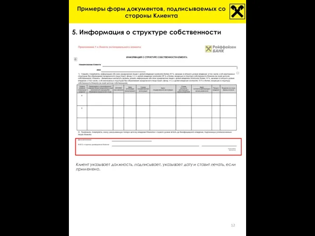 5. Информация о структуре собственности Клиент указывает должность, подписывает, указывает дату и