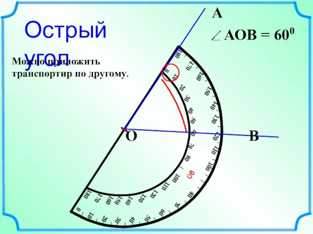 А В О Острый угол Можно приложить транспортир по другому.