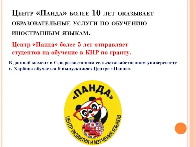 Центр «Панда» более 10 лет оказывает образовательные услуги по обучению иностранным языкам.