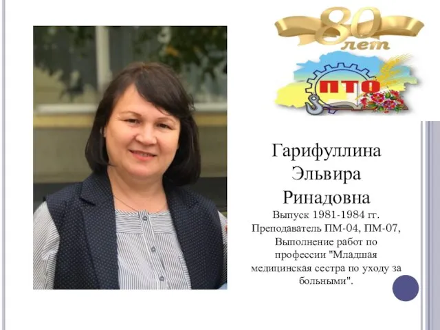 Гарифуллина Эльвира Ринадовна Выпуск 1981-1984 гг. Преподаватель ПМ-04, ПМ-07, Выполнение работ по