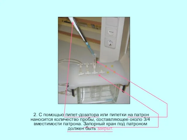 2. С помощью пипет-дозатора или пипетки на патрон наносится количество пробы, составляющее