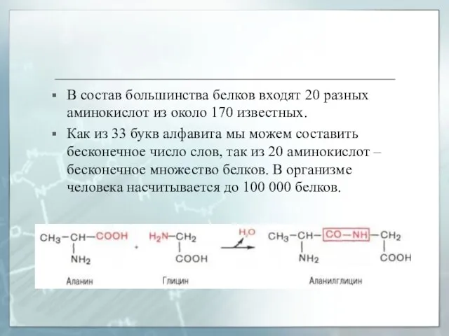 В состав большинства белков входят 20 разных аминокислот из около 170 известных.