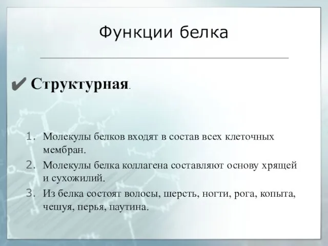 Структурная. Молекулы белков входят в состав всех клеточных мембран. Молекулы белка коллагена