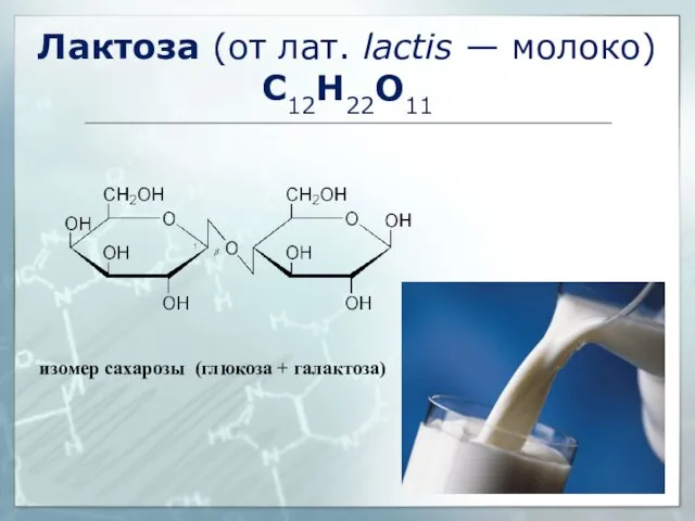 Лактоза (от лат. lactis — молоко) C12H22O11 изомер сахарозы (глюкоза + галактоза)