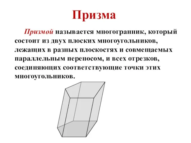 Призма Призмой называется многогранник, который состоит из двух плоских многоугольников, лежащих в