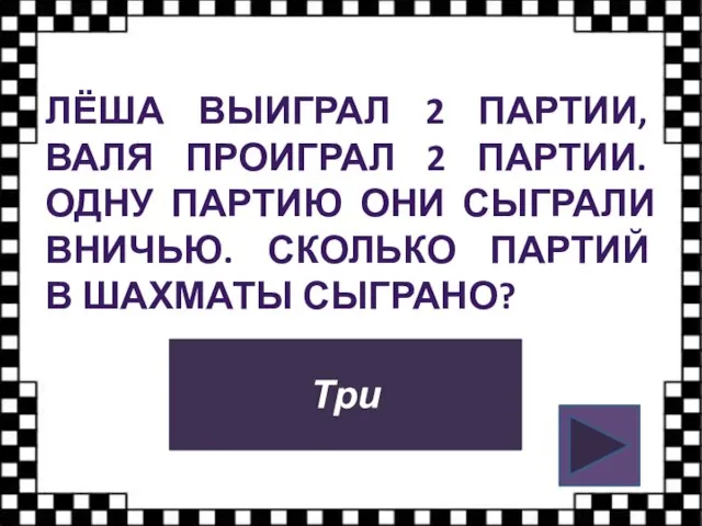 ЛЁША ВЫИГРАЛ 2 ПАРТИИ, ВАЛЯ ПРОИГРАЛ 2 ПАРТИИ. ОДНУ ПАРТИЮ ОНИ СЫГРАЛИ