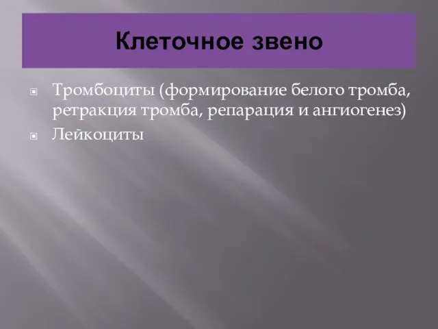 Клеточное звено Тромбоциты (формирование белого тромба, ретракция тромба, репарация и ангиогенез) Лейкоциты