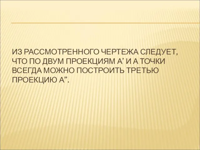 ИЗ РАССМОТРЕННОГО ЧЕРТЕЖА СЛЕДУЕТ, ЧТО ПО ДВУМ ПРОЕКЦИЯМ А’ И А ТОЧКИ