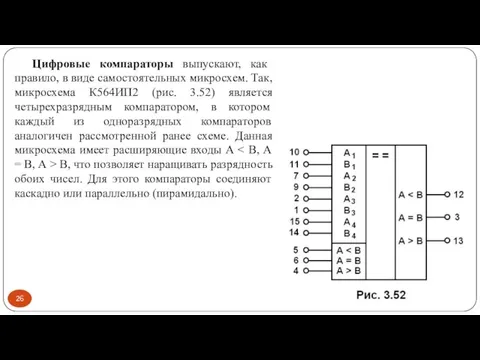 Цифровые компараторы выпускают, как правило, в виде самостоятельных микросхем. Так, микросхема К564ИП2