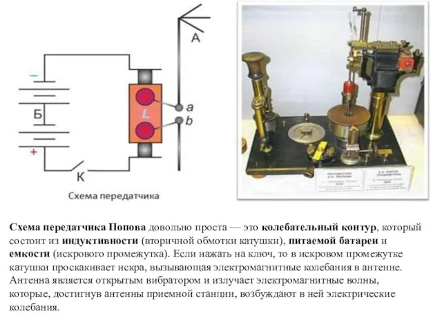 Схема передатчика Попова довольно проста — это колебательный контур, который состоит из