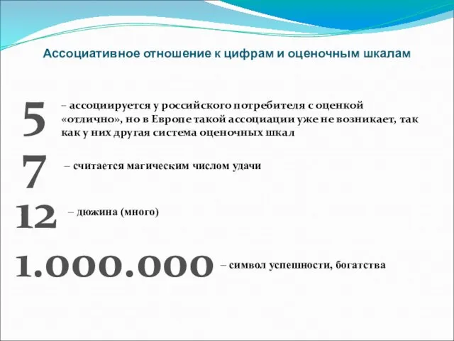 Ассоциативное отношение к цифрам и оценочным шкалам 5 7 12 1.000.000 –