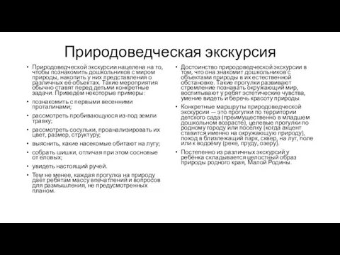 Природоведческая экскурсия Природоведческой экскурсии нацелена на то, чтобы познакомить дошкольников с миром