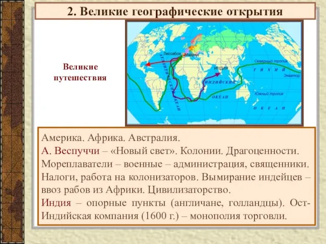 2. Великие географические открытия Америка. Африка. Австралия. А. Веспуччи – «Новый свет».