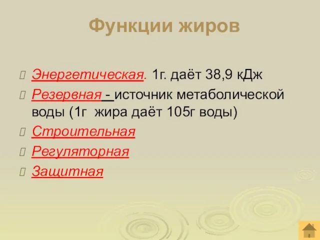 Функции жиров Энергетическая. 1г. даёт 38,9 кДж Резервная - источник метаболической воды