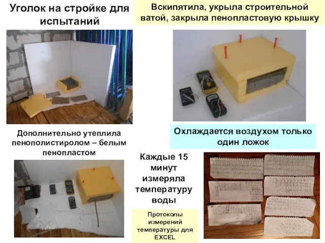 Уголок на стройке для испытаний Дополнительно утеплила пенополистиролом – белым пенопластом Вскипятила,