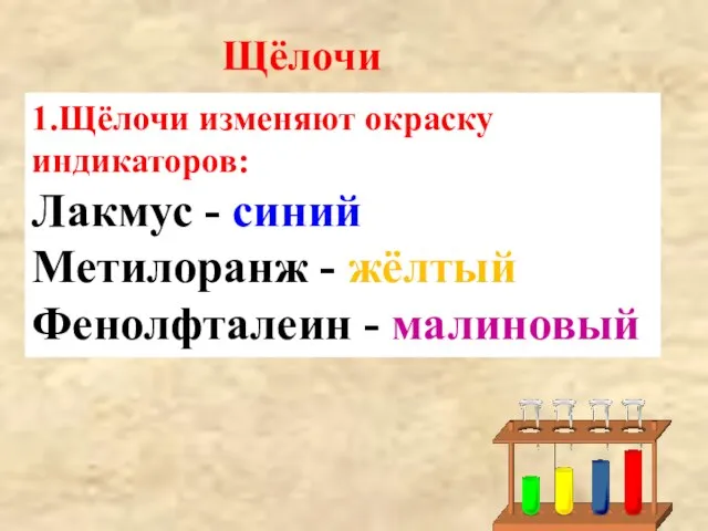 Щёлочи 1.Щёлочи изменяют окраску индикаторов: Лакмус - синий Метилоранж - жёлтый Фенолфталеин - малиновый