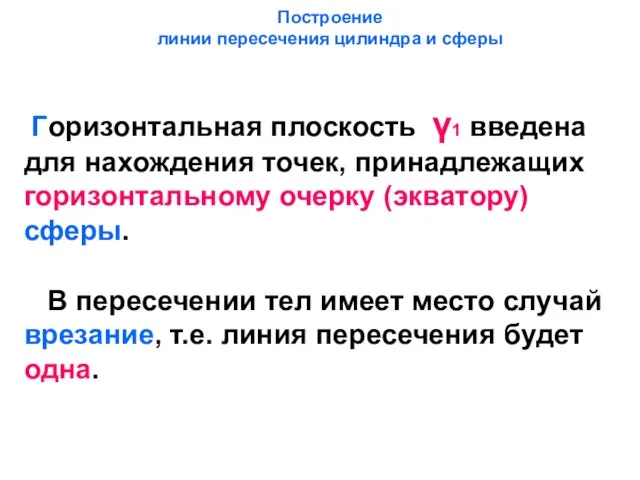 Построение линии пересечения цилиндра и сферы Горизонтальная плоскость γ1 введена для нахождения