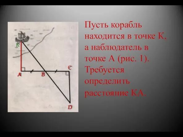 Пусть корабль находится в точке К, а наблюдатель в точке А (рис.