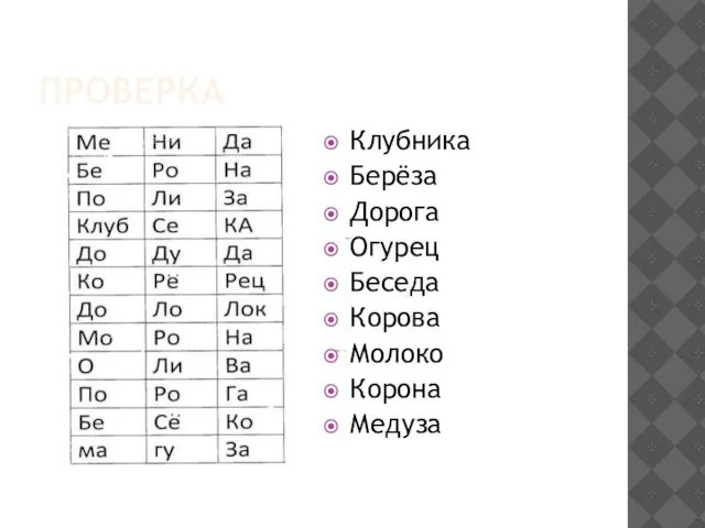 ПРОВЕРКА Клубника Берёза Дорога Огурец Беседа Корова Молоко Корона Медуза