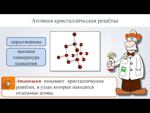 Атомная кристаллическая решётка Атомными называют кристаллические решётки, в узлах которых находятся отдельные