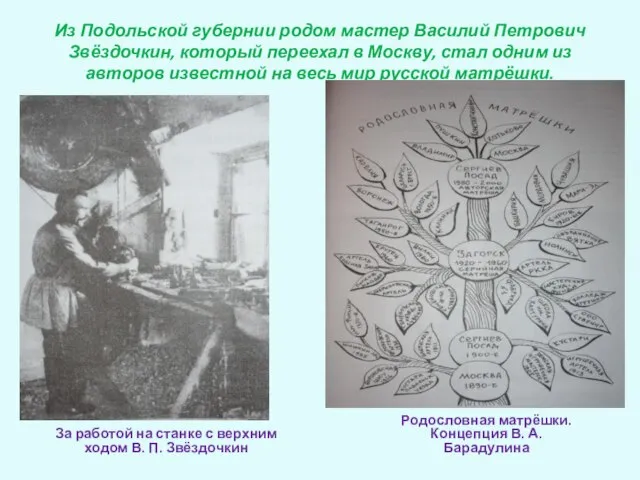 Из Подольской губернии родом мастер Василий Петрович Звёздочкин, который переехал в Москву,