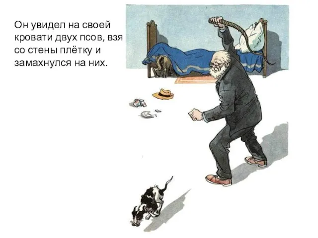 Он увидел на своей кровати двух псов, взял со стены плётку и замахнулся на них.
