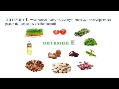 Витамин Е –сохраняет нашу иммунную систему, предупреждает развитие сердечных заболеваний