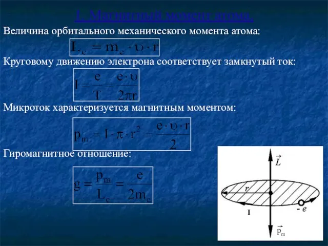 1. Магнитный момент атома. Величина орбитального механического момента атома: Круговому движению электрона