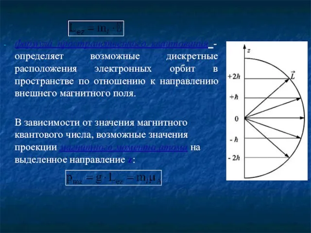 формула пространственного квантования - определяет возможные дискретные расположения электронных орбит в пространстве