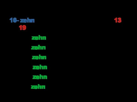 10- zehn добавляется к цифрам с 13 до 19 13- dreizehn 14-