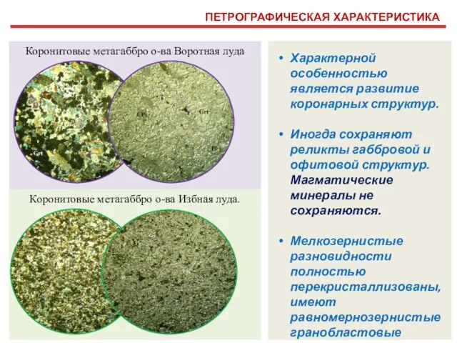 ПЕТРОГРАФИЧЕСКАЯ ХАРАКТЕРИСТИКА Коронитовые метагаббро о-ва Воротная луда Коронитовые метагаббро о-ва Избная луда.