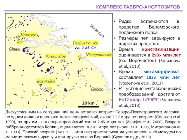 КОМПЛЕКС ГАББРО-АНОРТОЗИТОВ Редко встречаются в пределах Беломорского подвижного пояса Размеры тел варьируют