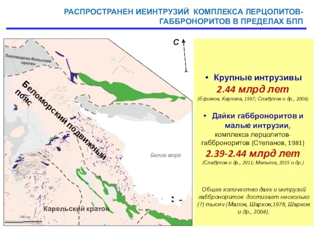 РАСПРОСТРАНЕН ИЕИНТРУЗИЙ КОМПЛЕКСА ЛЕРЦОЛИТОВ-ГАББРОНОРИТОВ В ПРЕДЕЛАХ БПП Общее количество даек и интрузий